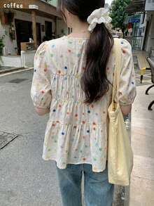 YUXIN Versatile Cute Colorful Polka Dot Ruffle Puff Sleeve Top, Unique Design French Style Short Sleeve Top For Summer - Multicolor - View 3