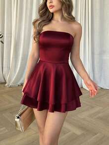 Vuslat 女士深红色定向发展休闲优雅INS风格纯色简约派对日常优雅无肩带露背系带设计防滑迷你蛋糕胸衣连衣裙，缎面腰部喇叭长裙，适合派对、晚宴、情人节、Y2K夏季穿搭、婚礼宾客、生日、外出等场合 - 酒紅色 - 查看 4