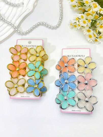 6件套几何图案休闲ABS塑料小花爪夹发饰套装，非常适合扎马尾辫、摄影等场合。