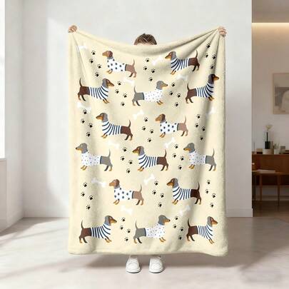 1pc Cute Dachshund Printed Fleece Blanket, Made Of High-Quality Polyester Flannel, Soft And Comfortable Blanket/Throw For Sofa, Bedroom, Study, Dorm, Office Bed, Camping, Versatile Gift, Suitable For All Seasons