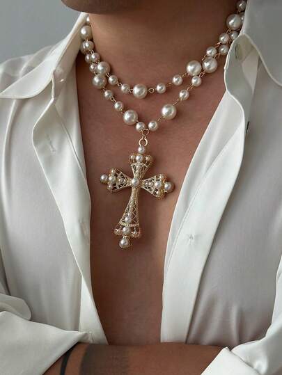 2pcs/Set Faux Pearl Cross Necklace, Fashionable Layered Beaded Choker Necklace For Men, Hip Hop Style