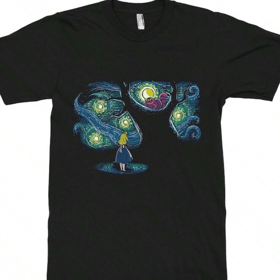Alice In Wonderland Starry Night T-Shirt, Vincent Van Gogh Shirt, Men's Women's Sizes (Dmm-088) - 黑色 - 查看 1