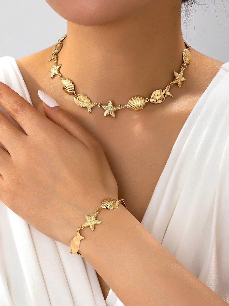 Bộ 2 món gồm dây chuyền và vòng tay hình sao biển, vỏ sò, phong cách nghỉ dưỡng đại dương, thích hợp cho tiệc bãi biển, tiệc chiêu đãi và đeo hàng ngày. - Vàng - Xem 1