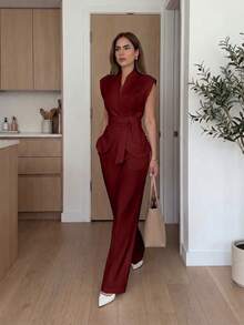 Bộ 2 món thanh lịch, thoải mái, thích hợp đi làm, công sở, kiểu Pháp: Áo vest không tay thắt eo + Quần ống rộng, thích hợp mặc mùa hè. - Màu Đỏ Sâu - Xem 3