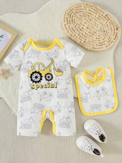 Summer Baby Boys Cartoon Excavator Print Short Sleeve Romper Jumpsuit + Bib
