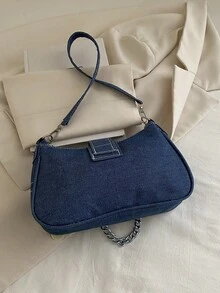 Bolso cruzado de mezclilla y lona de moda, bolso de cadena elegante para debajo del brazo para mujeres - Azul - Ver 10