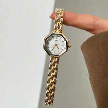 Women's Elegant Gold Tone Quartz Watch With Unique Hexagon Dial, Dainty Chain Link Bracelet Strap, Analog Wristwatch For Daily Wear & Party - White - View 16