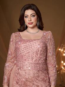 Anpoket, Hàng mới về, Cổ tròn, Thêu, Ren, Dây rút, Viền đính hạt, Tay dài, Eo thắt, Xẻ tà, Vải xếp ly, Cao cấp, Đầm dạ hội, Dành cho, Dạ tiệc cưới, Đầm dự tiệc, Đầm dự đám cưới, Đầm dạ hội màu hồng - Hồng - Xem 6