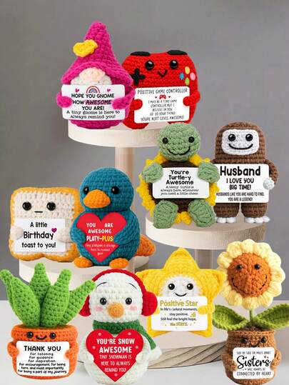 1pc Handmade Crocheted Desktop Decor Figurine, Cute Cartoon Animal & Plant Shaped, Ideal Birthday/Friendship Gift For Best Friend, Sister, Mom, Grandma, Coworker, Family, Him/Her, Positive Emotion Support, Creative Party/Thanksgiving/Valentine's Day Decoration, Children Plush Doll, Room/Desk Ornament, Small Memorabilia