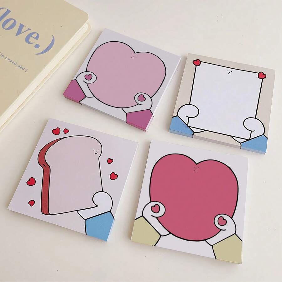 1pc Handheld Heart-Shaped Toast Series Notebook, Comes With 50 Sheets Non-Stick Memo Pads - Suitable For Office, School, Home Organization, Strawberry Themed Supplies - Multicolor - View 1