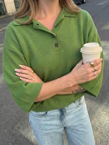 纯色简约绿色女士针织Polo领套头毛衣，百搭优雅休闲通勤度假短袖夏季 - 綠色 - 查看 4