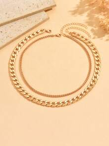 2pcs/Set Minimalist Versatile High-End Metal Chain Double-Layer Necklace, Retro Fashionable Choker Necklace Suitable For Daily Wear And Party Occasions - Gold - View 2