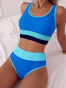 弹力撞色运动吊带泳衣 - 女士聚酰胺和氨纶混纺圆领 - 可拆卸胸垫，适合运动休闲度假海滩夏季穿着 - 寶藍色 - 查看 2