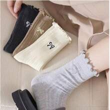 4 Pairs Women's Random Sweet Bowknot Ruffle Edge JK Style Comfortable Versatile Crew Socks - 彩色 - 查看 6