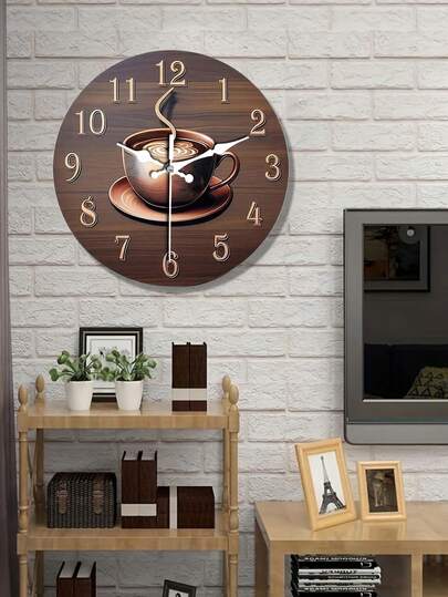 Stylish Golden Coffee-Themed Silent Quartz Wall Clock - Wooden Round Design With Brown & Golden Accents, Perfect For Living Room, Bedroom, Kitchen, And Office Decor (AA Battery Not Included), Bedroom Wall Clock | Wooden Clock | Classic Aesthetic