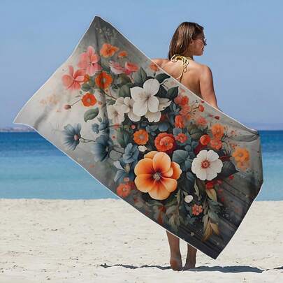 1 pieza Toalla de playa con estampado floral, toalla de baño altamente absorbente, adecuada para baño, natación, fitness, yoga, toalla de microfibra suave y cómoda, ligera y portátil, protección contra el viento y el sol, a prueba de arena, ideal para viajes de verano, vacaciones, decoración de baño