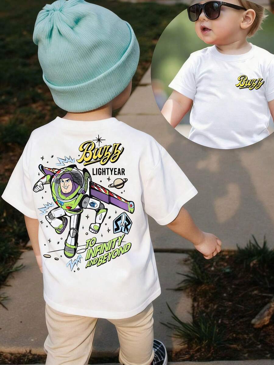 Disney Casual Buzz Lightyear Double-Sided Toddler Tee – Versatile White Short Sleeve Top With Space-Themed Print For Mix-And-Match Outfits - 白色 - 查看 1