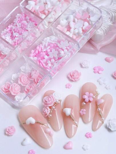 6 Stücke/Set rosa & weiße herzförmige Kamelien Nail Art Dekorationen, gemischte Valentinstag Farben Harz kleine Blumen Nail Accessoires