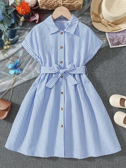 Vestido camisero largo de rayas holgado para niñas con mangas cortas y cinturón, adecuado para uso casual al aire atuendo de fiesta en primavera y verano, apropiado para edades de 8 a 12 años.