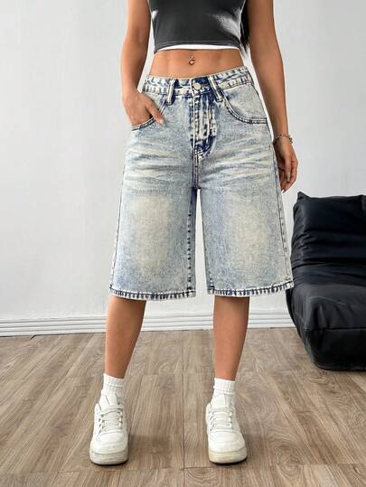 Women's Summer Casual Denim Bermuda Shorts, Non-Stretch Fabric, Sequin Details, Light Wash, Loose Fit