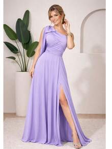 Bridesmaid Dress For Party Guests Reception Graduation Without Shine Cape Sleeve In Fluity - Lilac Purple - View 1
