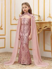 Tween Girl's Sequins Patchwork Cape Sleeve Fish Tail Dress Formal Suit - Dusty Pink - View 4