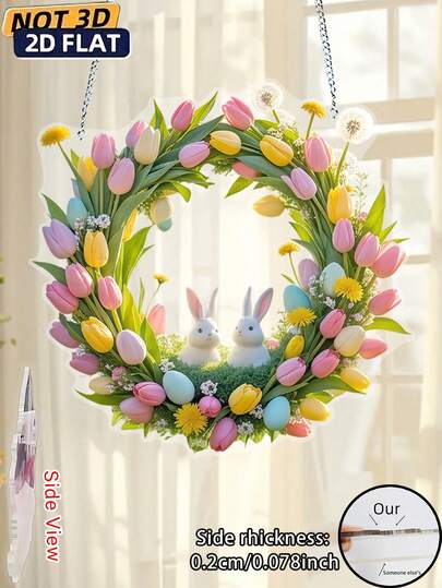 Dwuwymiarowa akrylowa dekoracja wisząca na Wielkanoc – kwiaty z kreskówek i malowane tulipany, stokrotki i króliki, dekoracja ścienna na drzwi i okna, dekoracja wielkanocna do domu, dekoracja okienna na święta, zabawny motyw wielkanocny, prezent walentynkowy, akcesoria do domu, dekoracja pokoju