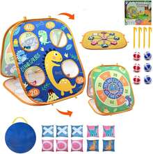 Juego infantil 3 en 1 de lanzamiento de bolsas de frijoles, juego de fiesta/carnaval con temática de dinosaurios, juguete para exteriores y patio trasero, juguete para niños pequeños de 2 a 5 años, ideal para niños y niñas - Azul - Ver 1
