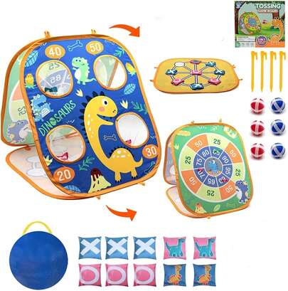 Juego infantil 3 en 1 de lanzamiento de bolsas de frijoles, juego de fiesta/carnaval con temática de dinosaurios, juguete para exteriores y patio trasero, juguete para niños pequeños de 2 a 5 años, ideal para niños y niñas