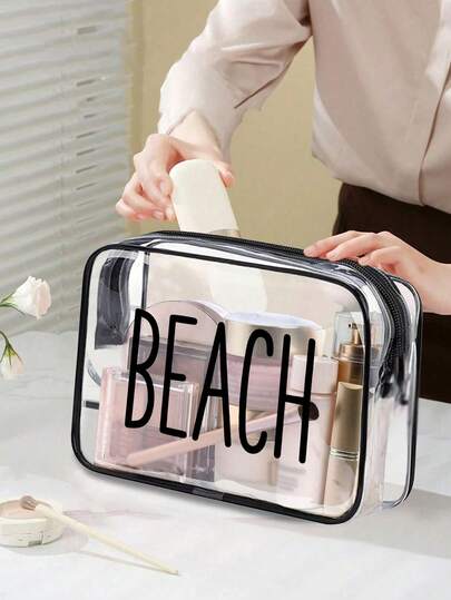 PVC Clear Cosmetic Bag Travel Toiletry Bag, "Beach" Letter Print Waterproof Easy To Clean Makeup Pouch Multi-Functional Portable Travel Toiletry Organizer For Women Vacation Beach Essentials Transparent Storage Bag Lightweight Durable Zippered Toiletry Bag For Summer Trip Pool Days, Daily Storage & Vacation Beach Essentials, Gift For Friends And Besties, Four Colors Available
