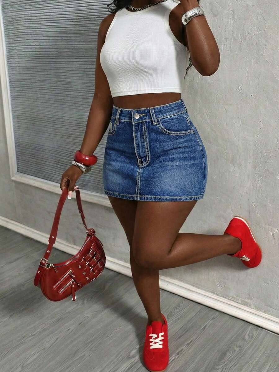 女士蓝色牛仔迷你裙，休闲直筒版型，带拉链细节，无弹力面料 - 藍色 - 查看 1