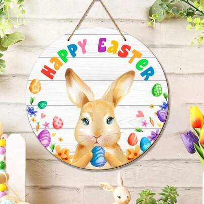 Easter Wooden Front Door Decoration, Happy Easter Bunny And Egg Doorplate, Easter Door Plaque Spring Decoration Suitable For Walls, Home Windows, Farmhouse Indoor And Outdoor Easter Spring Decorations, Holiday Party Home Hangings