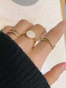 RINTOLER 3pcs Fashionable Double-Layer Rhinestone Black Drip Oil Rings Set, Unadjustable Metal Open Rings, Versatile Accessory, Suitable For Women, Girlfriend Gift (Unadjustable Style) (Due To The Shooting Light And Angle, There May Be A Slight Color Difference Between The Actual Object And The Picture.) - Yellow Gold - View 8