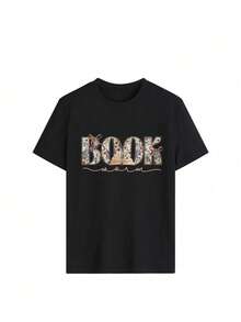 Women's Summer Letter Print Casual Simple Loose Everyday Street Style Round Neck Short Sleeve T-Shirt Tops - Black - View 2