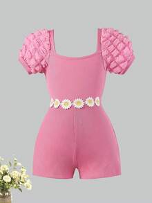 女童泡泡袖碎花连体裤，4-8岁，夏季 - 粉色 - 查看 1