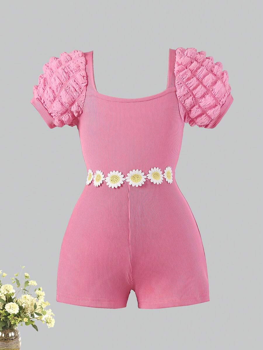 女童泡泡袖碎花连体裤，4-8岁，夏季 - 粉色 - 查看 1