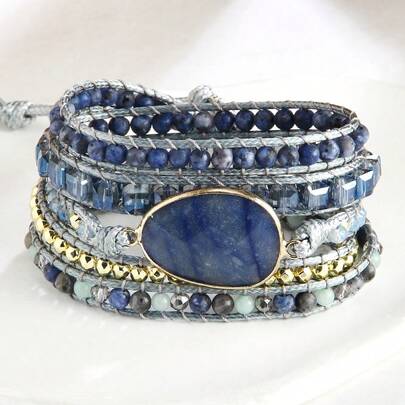 1pc Vintage Bohemian Style Wrapped Bracelet, Natural Stone & Glass Beaded Handmade Wax Rope 5-Strand Coiled Bracelet, Holiday Gift
