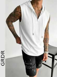 GRDR 男士无袖连帽背心，半拉链，纯色，简约休闲运动款 - 白色 - 查看 3