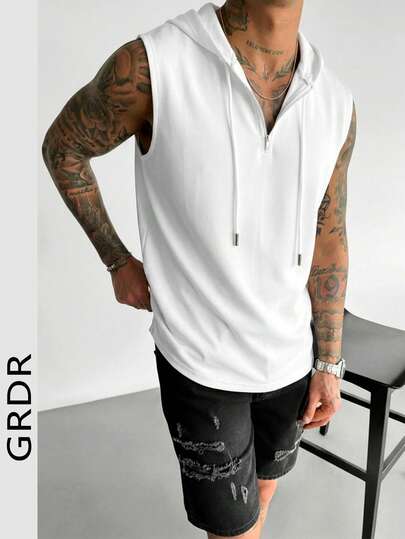  GRDR 男士无袖连帽背心，半拉链，纯色，简约休闲运动款
