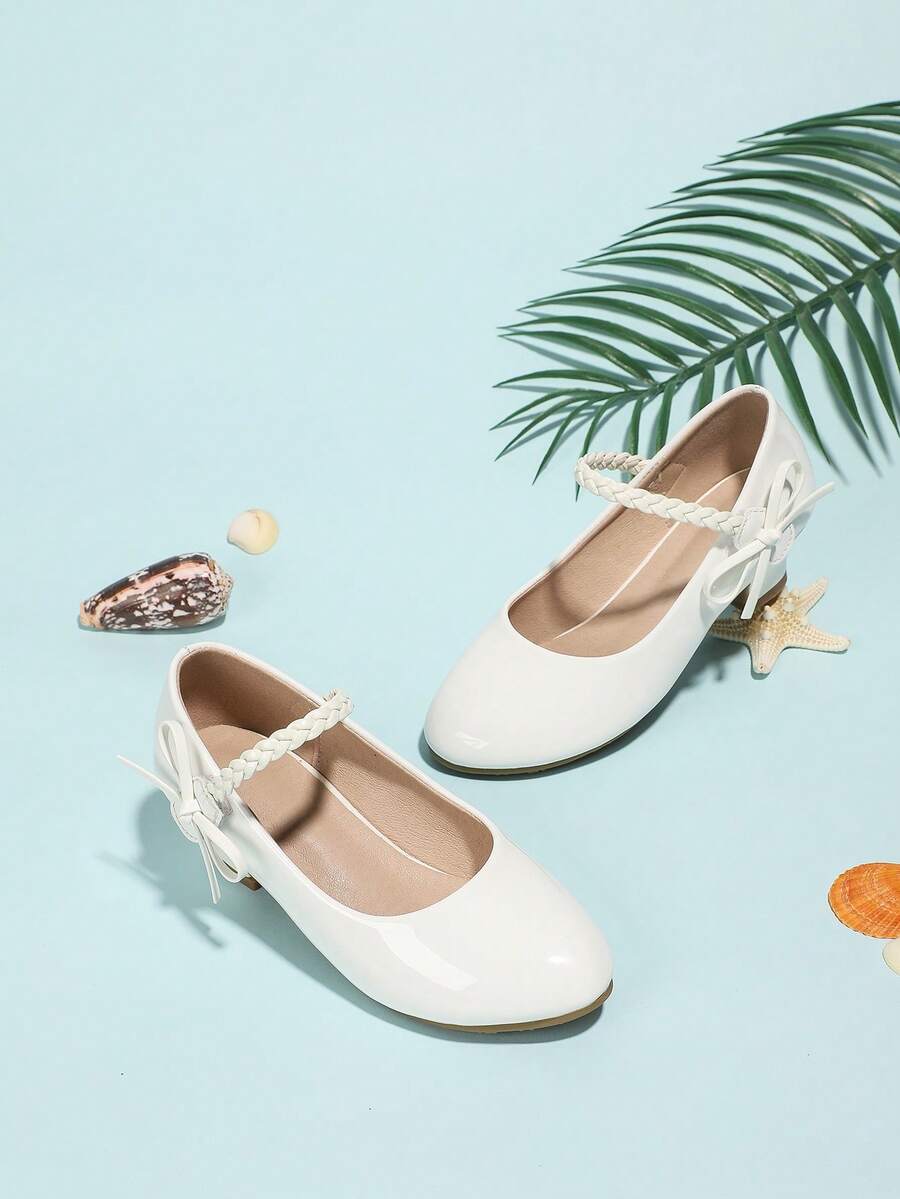 春夏新款女童白色连衣裙鞋，儿童厚底圆头可爱公主鞋带蝴蝶结 - 白色 - 查看 1