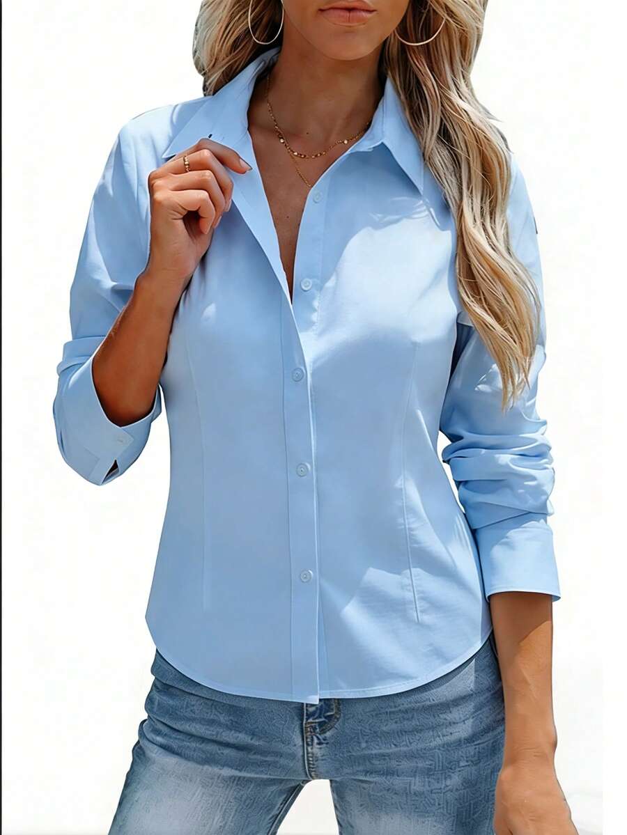 Women's Blue Long Sleeve Non-Sheer Design Breathable Comfort Button Down Blouse Business Casual Women Outfits Work Blouse Office Outfits Teacher Outfits Camisas Para Mujer Work Shirts - 藍色 - 查看 1