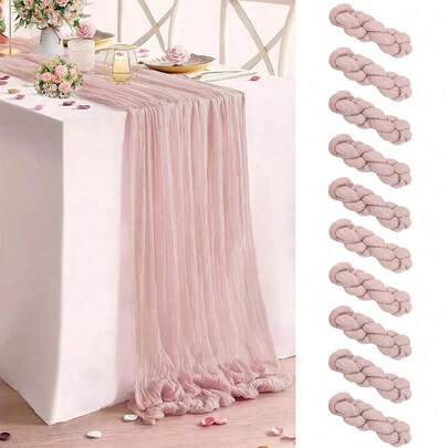 10条装棉布桌旗，灰粉色波西米亚风，乡村浪漫风，褶皱设计，半透明，轻薄柔软，纯色纱布桌旗，适用于长方形餐桌、婚礼拱门、招待会、新娘送礼会、单身派对、订婚派对、婴儿派对、生日派对、毕业派对、情人节等场合。