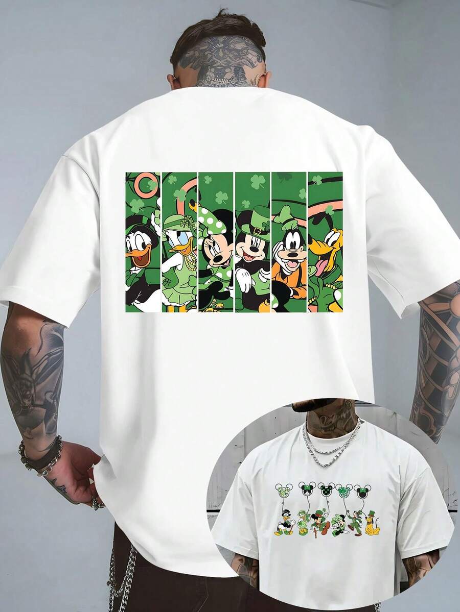 Officially Authorized St. Parik's Day Joint Style! Disney St. Patrick's Day T-Shirt, Green Clover Tee, Double-Sided Printed Flowers | Holiday Gifts | Street Fashion Wear - 白色 - 查看 1