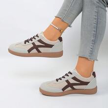 轻便流行的系带休闲白色运动鞋，软底平底德国运动鞋，时尚休闲轻便跑步鞋 - 米色 - 查看 8