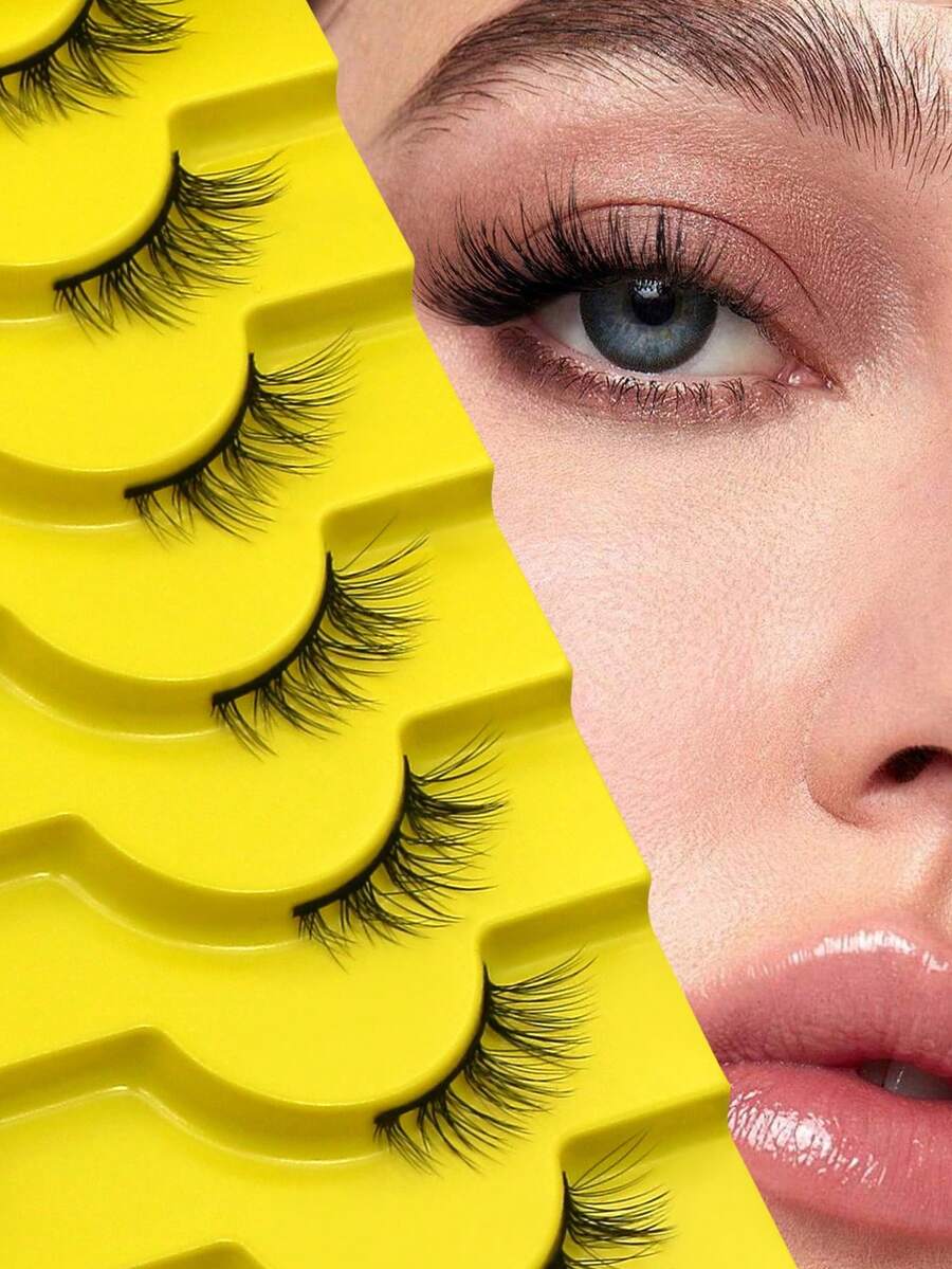 GROINNEYA 9 pares de pestañas postizas naturales de media tira, pestañas voluminosas con rizo D, pestañas suaves y difuminadas, pestañas postizas semipesadas 3D con efecto cruzado, ligeras y esponjosas, de estilo aleatorio, adecuadas para citas y uso diario, look de maquillaje versátil - Pestañas de zorro - Ver 1