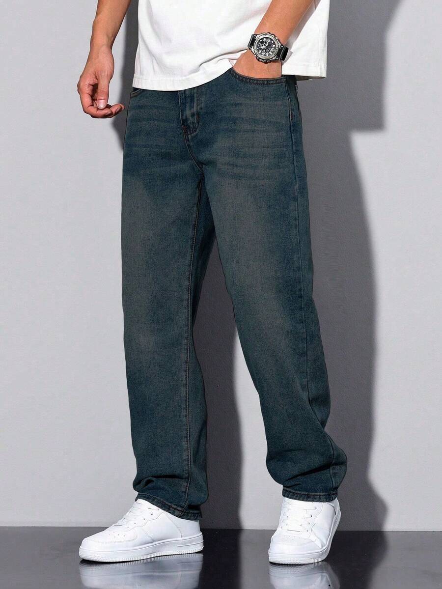 Shendy Vendy Men's Slim Pants, Fashion Stretch Skinny Denim Pants, Classic Men's Jeans With Pocket - 深色水洗藍 - 查看 1