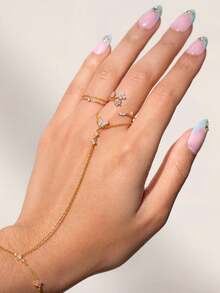 1 قطعة خاتم إصبع فريد على شكل فراشة مع سلسلة اليد، زخرفة من الراين الرقيقة، إكسسوار موضة للحفلات والزفاف - سوار هندسي - مشاهدة 1