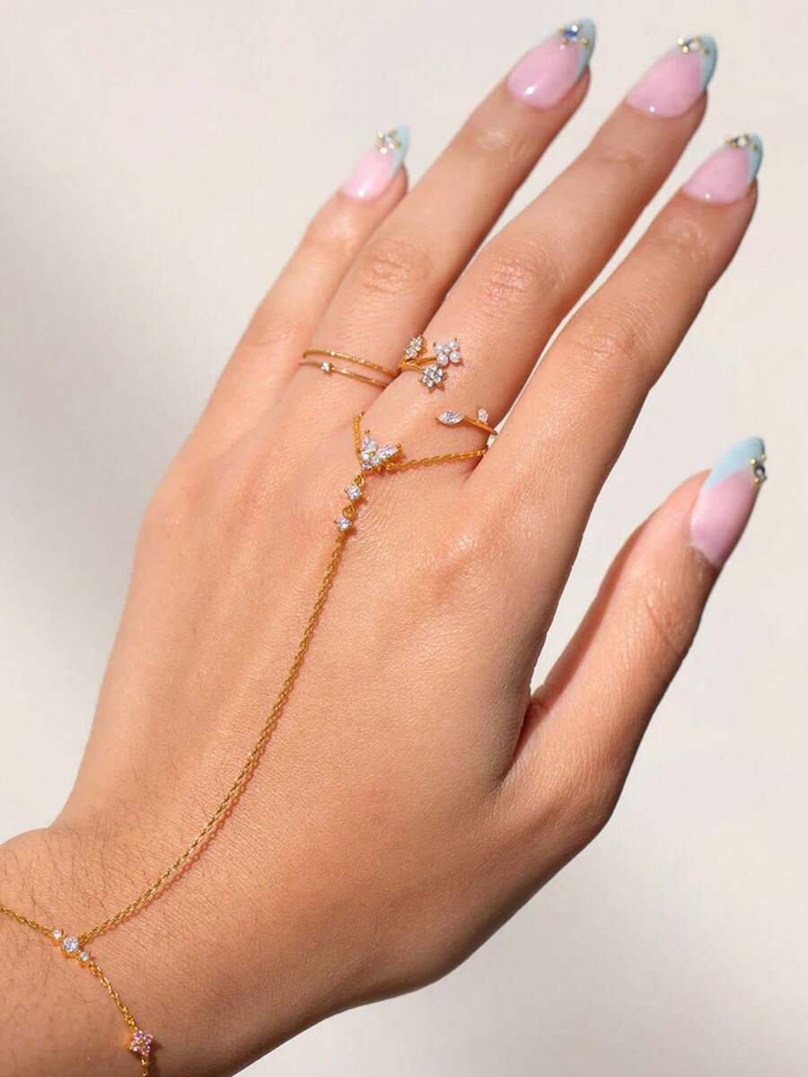 1 قطعة خاتم إصبع فريد على شكل فراشة مع سلسلة اليد، زخرفة من الراين الرقيقة، إكسسوار موضة للحفلات والزفاف - سوار هندسي - مشاهدة 1