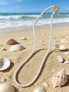 1pc 4m-12m Vintage French Style Pearl Necklace, Simple Choker Necklace With Random Pearl Quantity - White - View 8