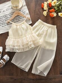 2pcs/Set Young Women Casual Vacation Style Camisole And Pants Set, Suitable For Summer Wear - Beige - View 1